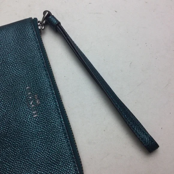 Coach Metallic Dark Teal Leather Corner Zip Wristlet - Picture 7 of 10